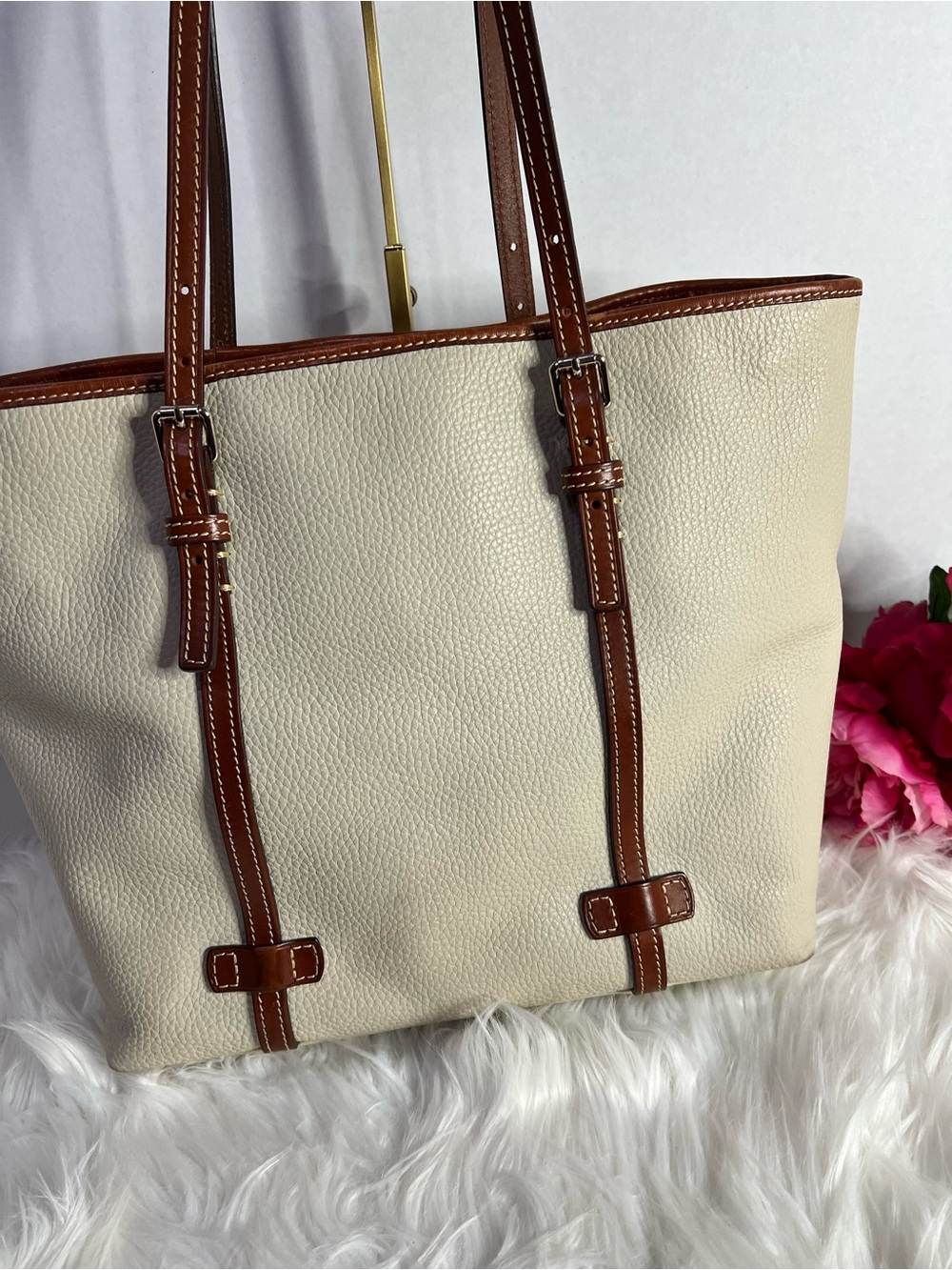 Dooney & Bourke Cream East/West Tote with Brown Trim - Picture 3 of 8